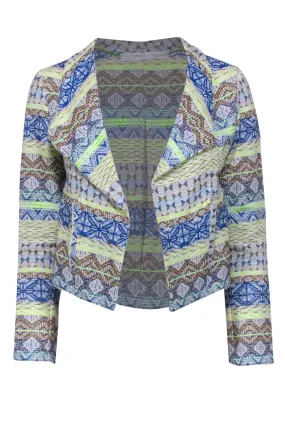 Daniela Corte - Blue, Brown & Neon Green Tribal Print Cropped Blazer Sz XS