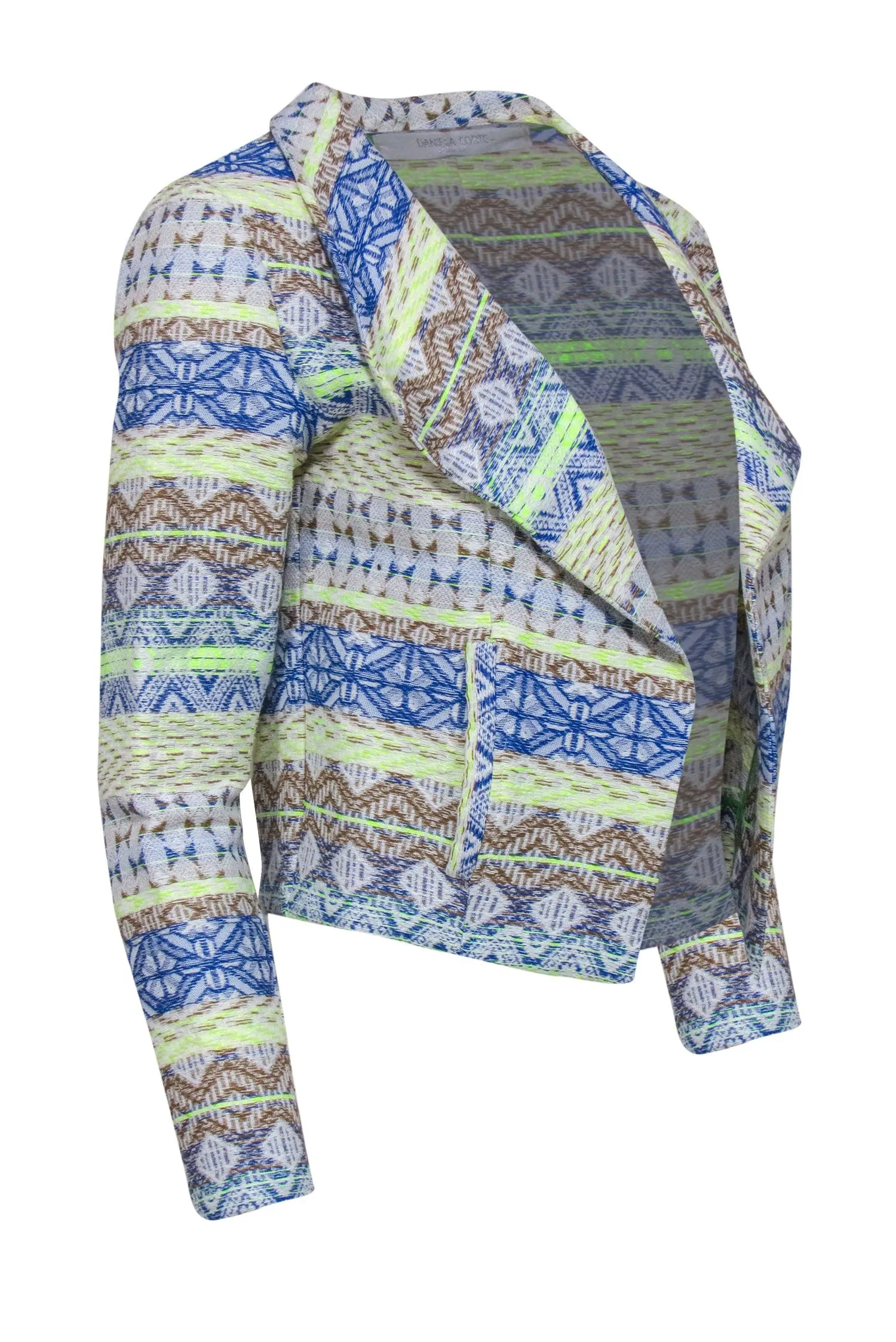 Daniela Corte - Blue, Brown & Neon Green Tribal Print Cropped Blazer Sz XS
