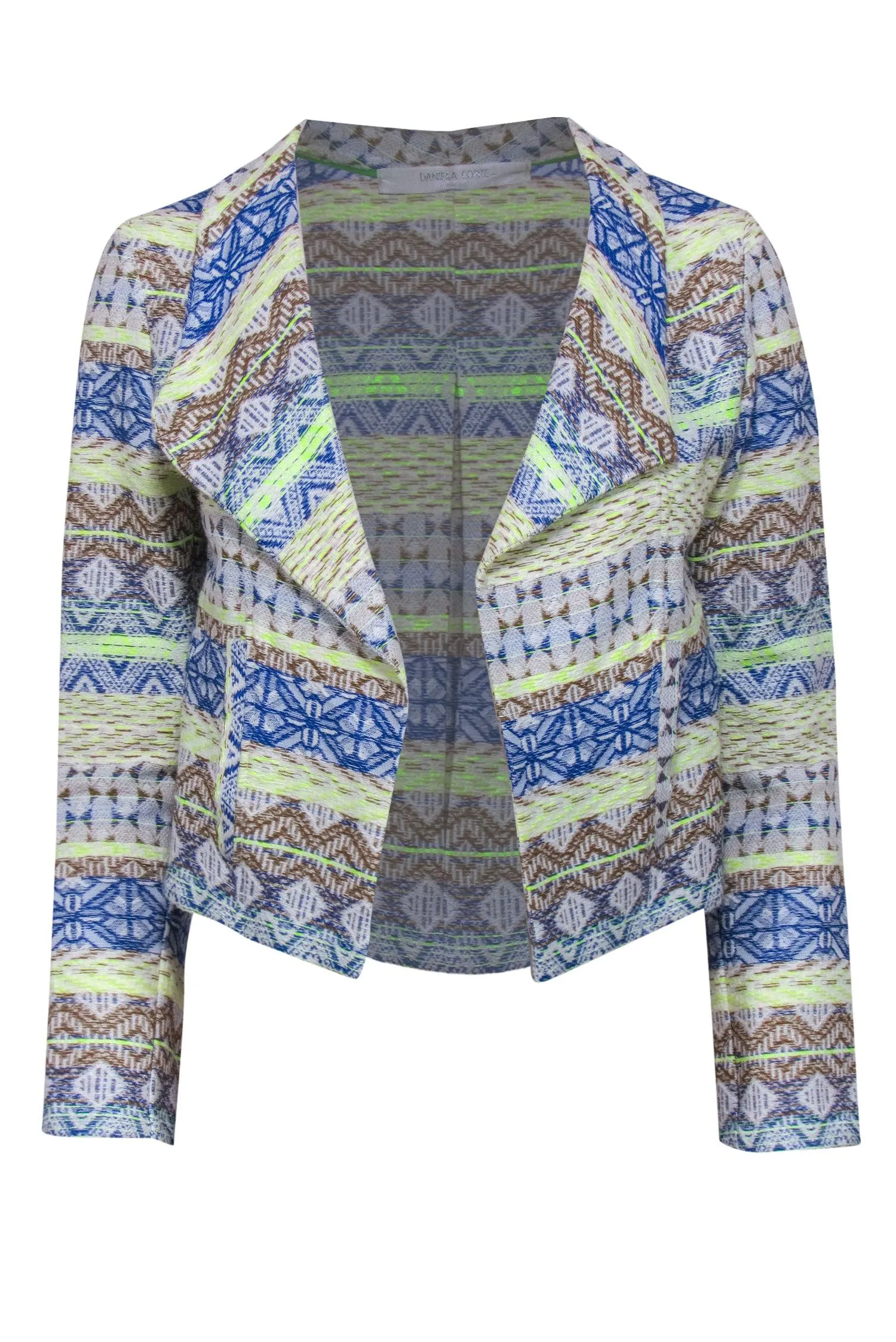 Daniela Corte - Blue, Brown & Neon Green Tribal Print Cropped Blazer Sz XS