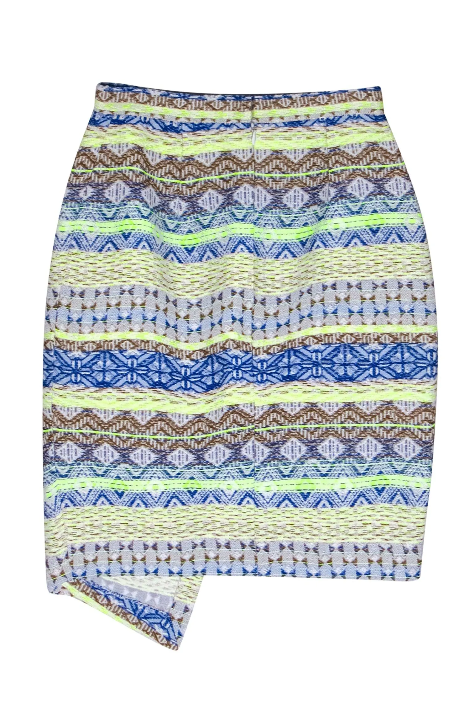 Daniela Corte - Blue, Brown & Neon Green Tribal Print Pencil Skirt w/ Draped Front Sz XS