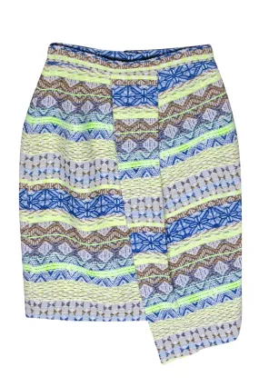 Daniela Corte - Blue, Brown & Neon Green Tribal Print Pencil Skirt w/ Draped Front Sz XS