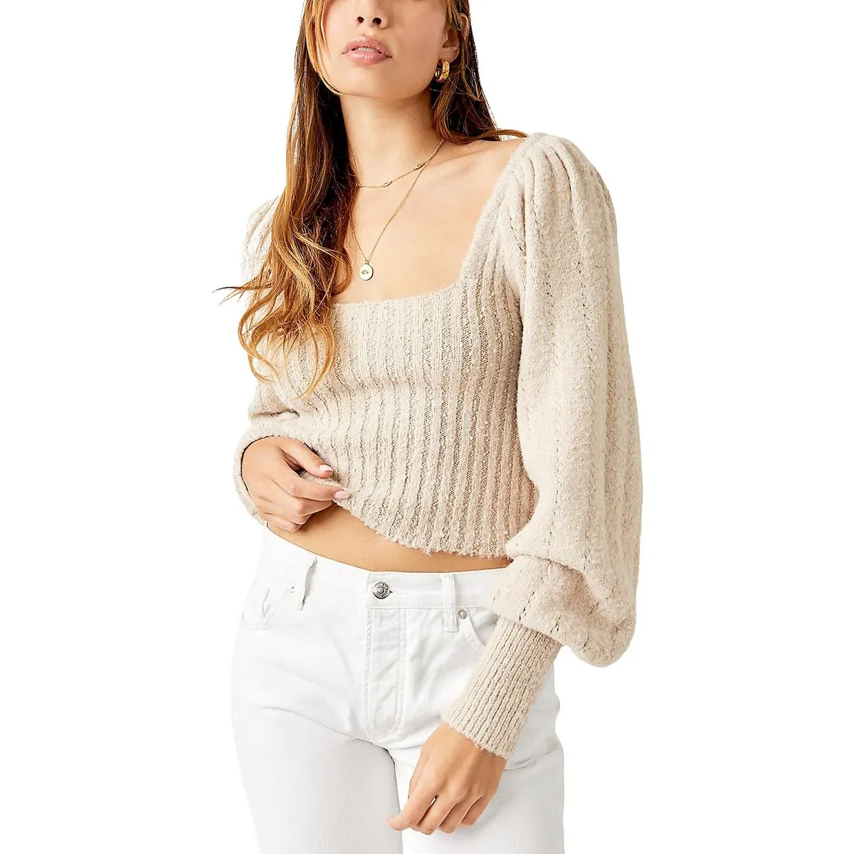 Free People Womens Katie Bishop Sleeve Ribbed Knit Pullover Sweater