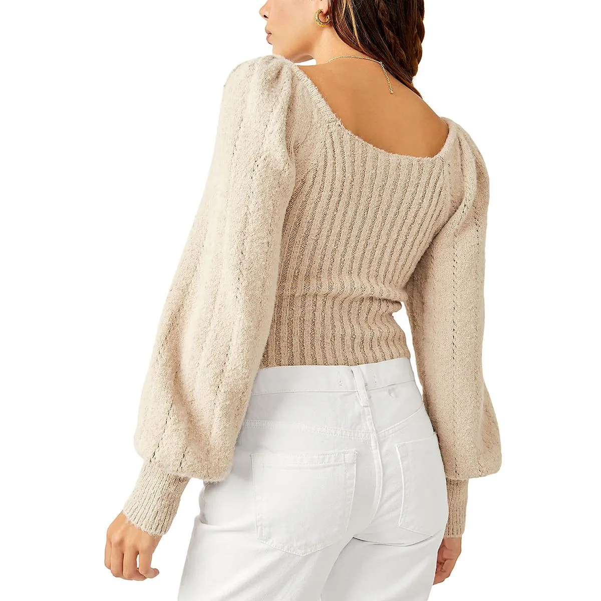 Free People Womens Katie Bishop Sleeve Ribbed Knit Pullover Sweater
