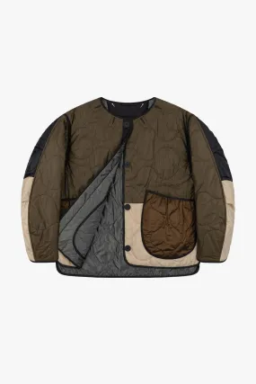 Patchwork Cropped Quilt Jacket - Dark Olive & Cobalt / Anthracite