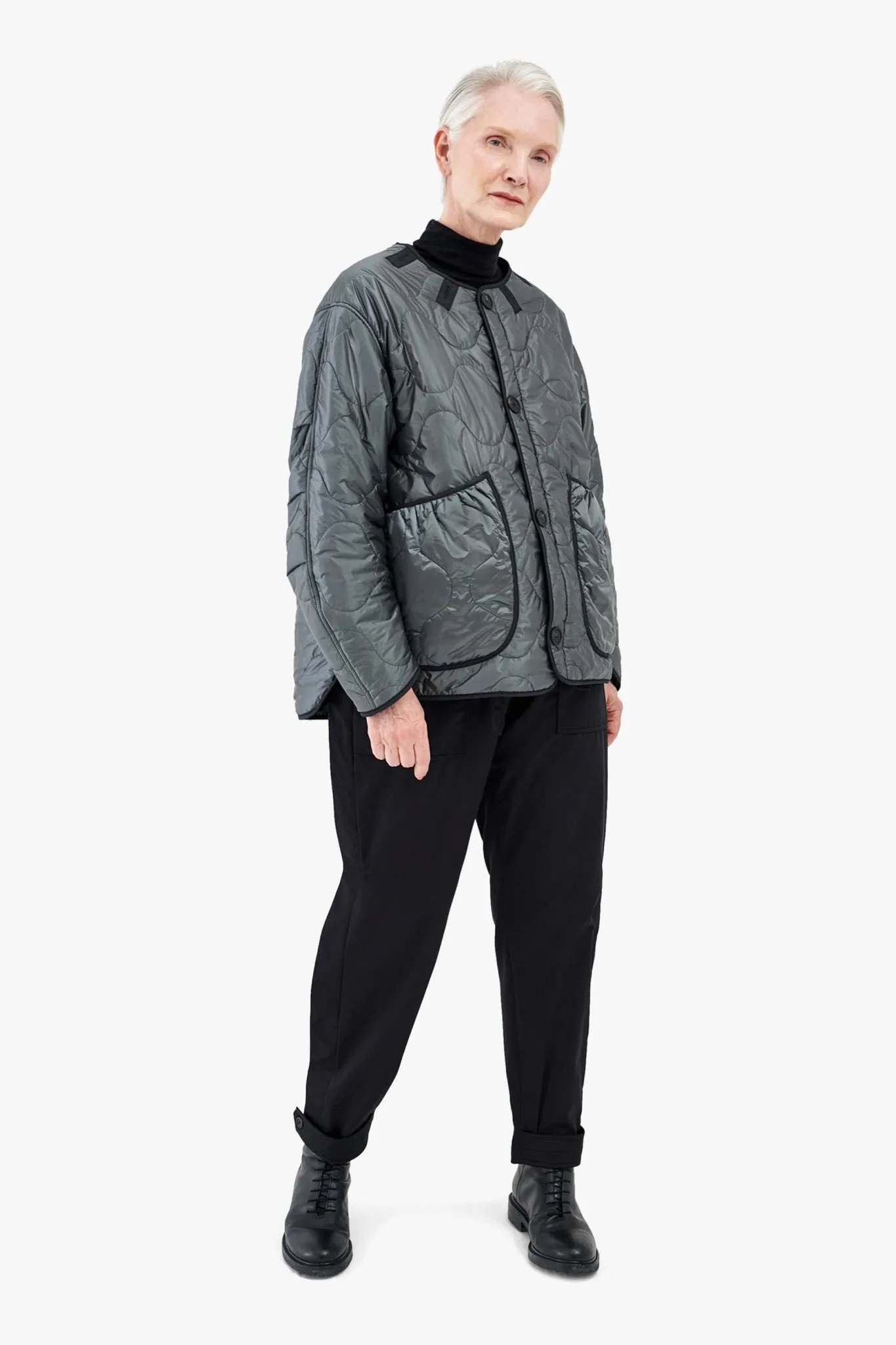 Patchwork Cropped Quilt Jacket - Dark Olive & Cobalt / Anthracite
