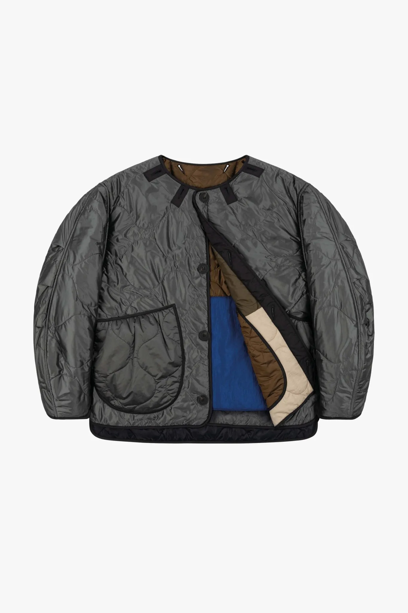 Patchwork Cropped Quilt Jacket - Dark Olive & Cobalt / Anthracite