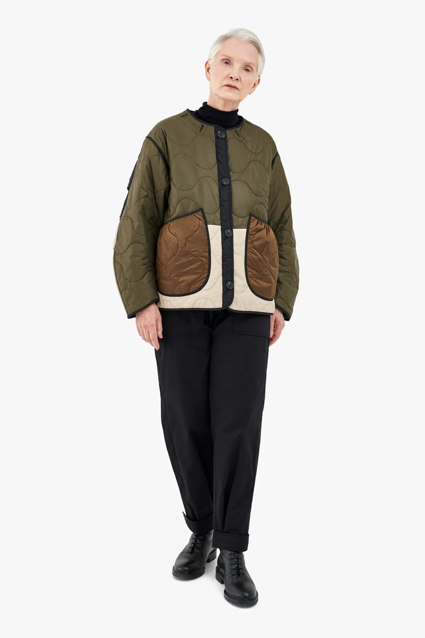 Patchwork Cropped Quilt Jacket - Dark Olive & Cobalt / Anthracite