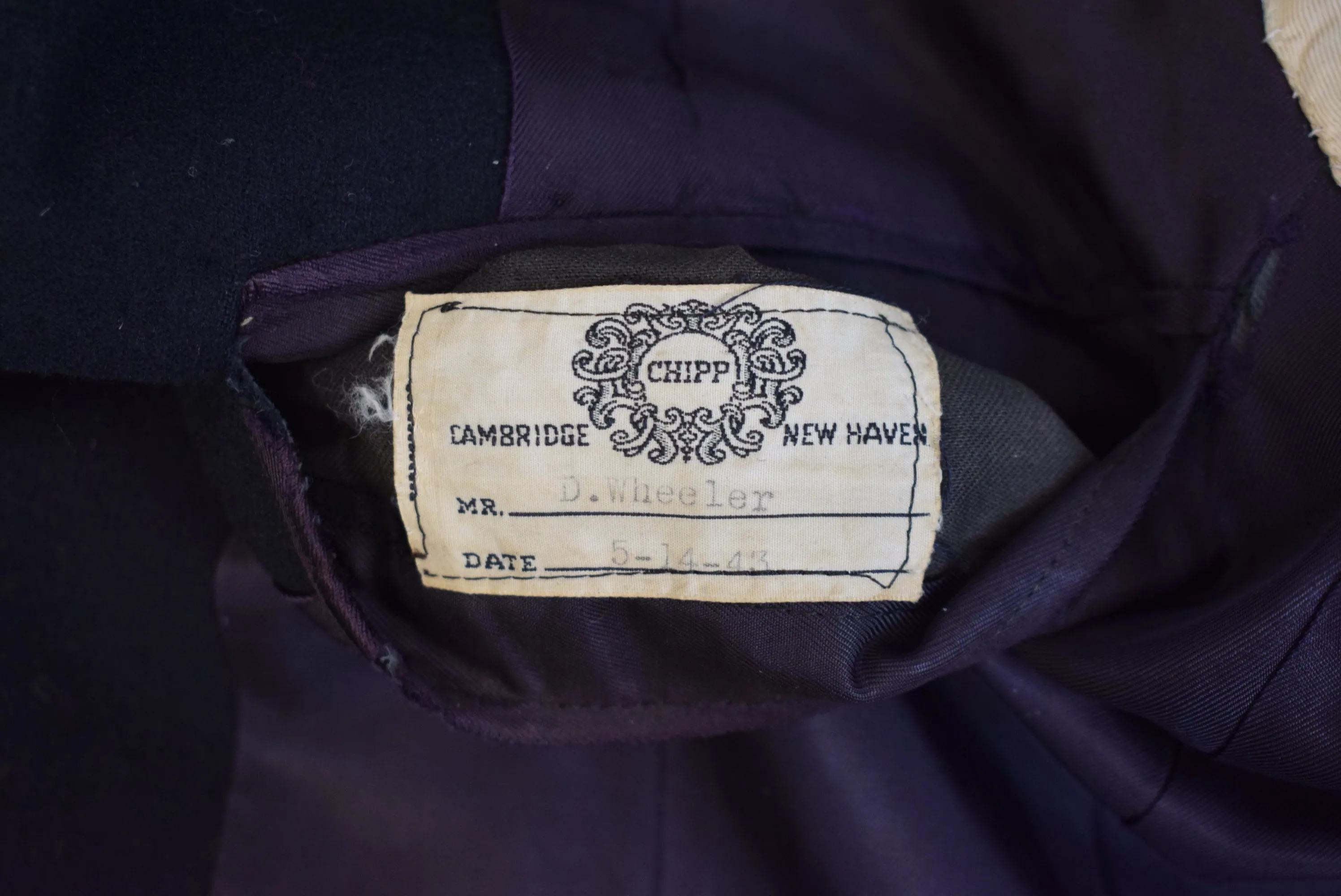 "Chipp Navy Flannel c1943 Riding/ Hunting Coat w/ Burgundy Chesterfield Collar & Contrast Cuff" Sz 38R