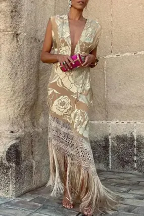 Sexy Bronzing Heart Shaped Tassel Asymmetrical V Neck Dresses