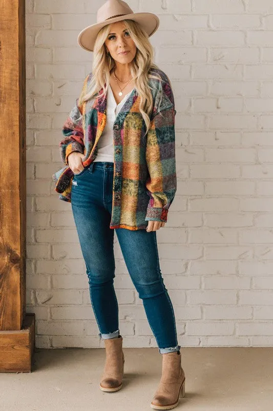 TEEK - Plus Size Mustard Red Plaid Buttoned Shacket Cardigan Sweater