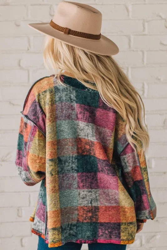 TEEK - Plus Size Mustard Red Plaid Buttoned Shacket Cardigan Sweater