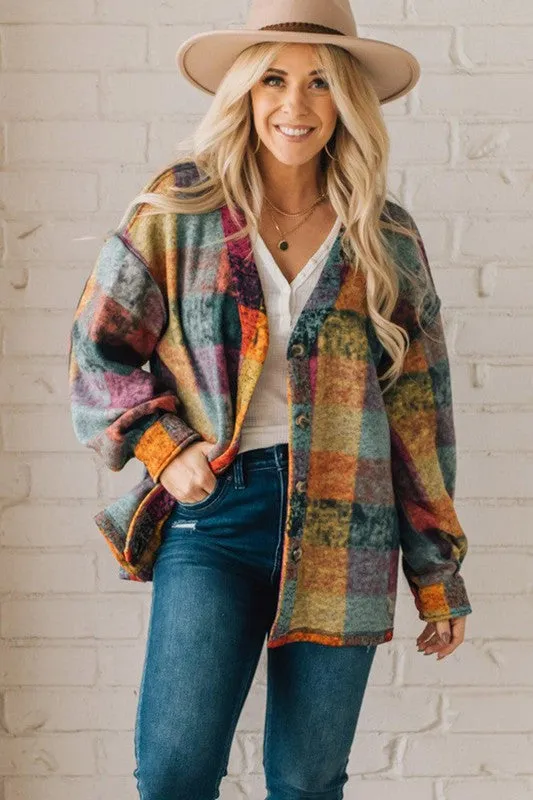 TEEK - Plus Size Mustard Red Plaid Buttoned Shacket Cardigan Sweater