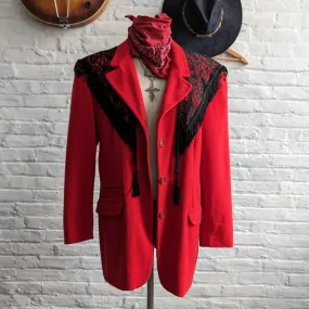 Vintage Red Wool Cashmere Blazer Oversize Lace Grannycore Western Cowgirl Jacket